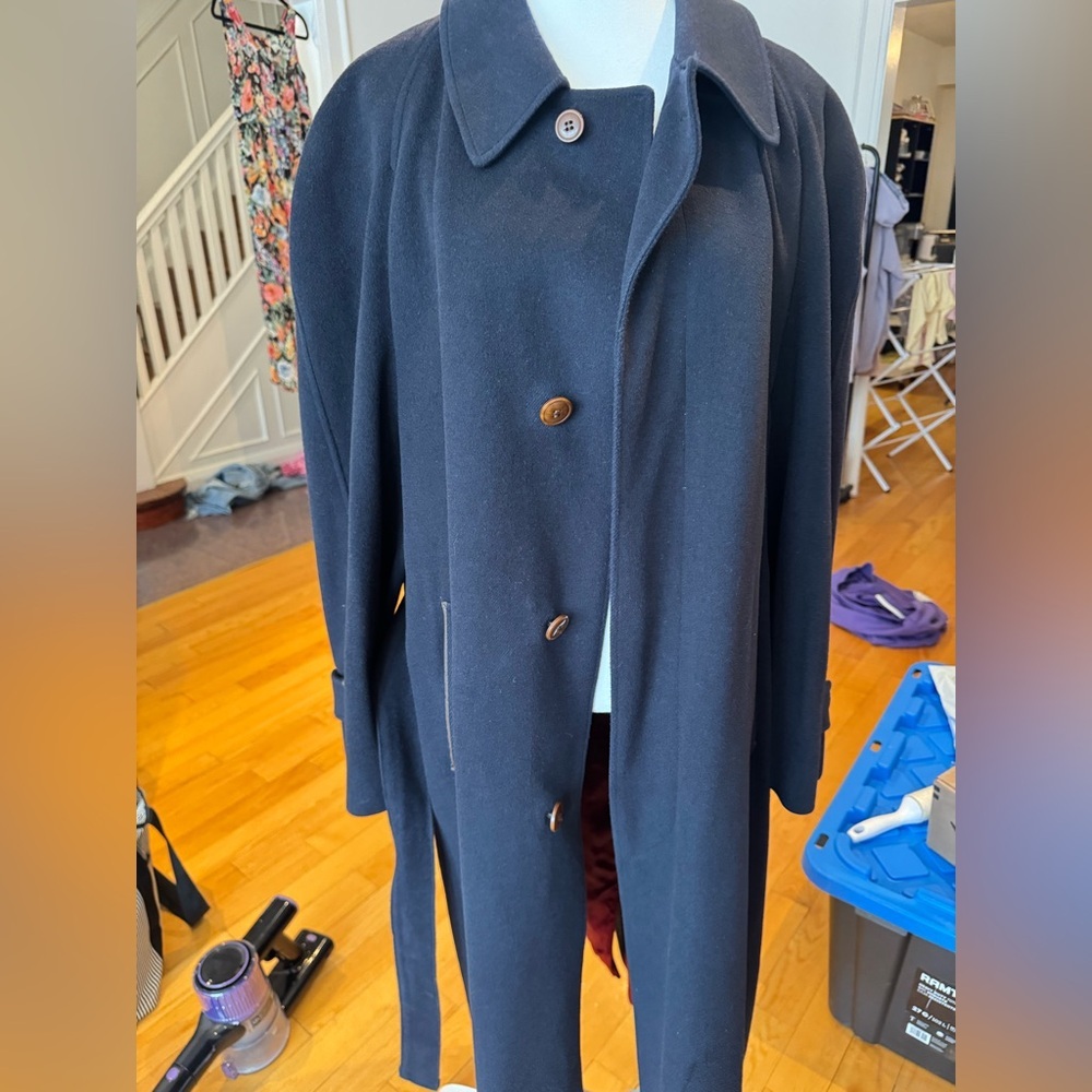Vintage luxury Cashmere Italian Fabric Union Made Navy Belted Coat - Picture 11 of 14